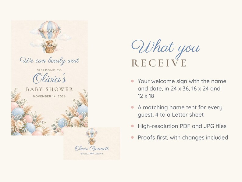 Puede incluir: Un cartel de bienvenida para baby shower y una tarjeta de nombre con un osito de peluche en un globo aerost&aacute;tico, flores y el texto: We can bearly wait, WELCOME TO Olivia's BABY SHOWER, NOVEMBER 14, 2026, y Olivia Bennett.