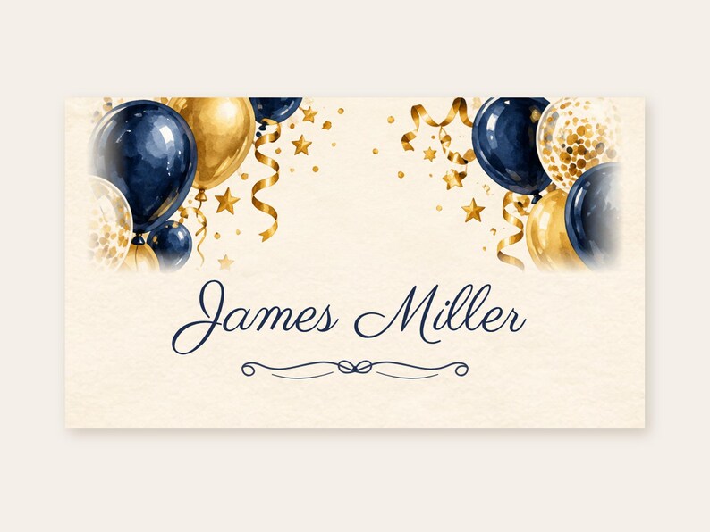 Tarjetas de cumpleaños con nombres, tarjetas de lugar con globos azul marino y dorado, decoración de mesa para cena de cumpleaños con el tema "¡Salud!", archivo digital imprimible personalizado. imagen 2