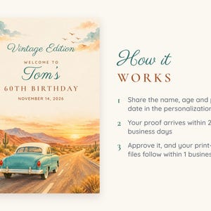 Letrero de bienvenida de cumpleaños personalizado, edición vintage, decoración de cumpleaños con diseño de coche retro, archivo digital imprimible de 24x36 pulgadas. imagen 4