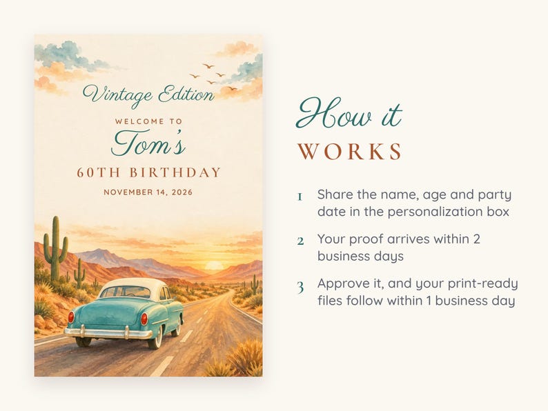 Letrero de bienvenida de cumpleaños personalizado, edición vintage, decoración de cumpleaños con diseño de coche retro, archivo digital imprimible de 24x36 pulgadas. imagen 4