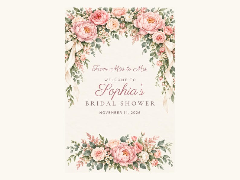 Custom Bridal Shower Welcome Sign, From Miss to Mrs Sign, Blush Peony Bridal Shower Decor, Printable 24x36 Digital File immagine 2