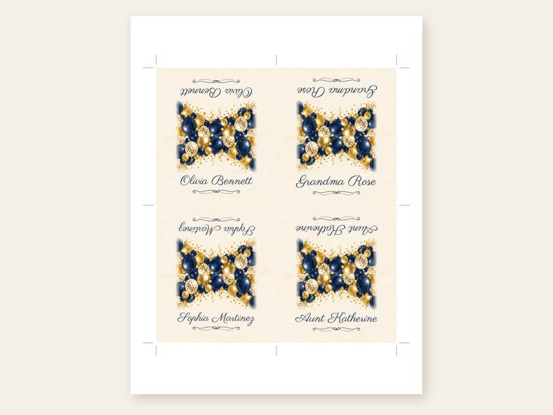 Tarjetas de mesa con nombres para cumpleaños, tarjetas de lugar con arco de globos azul marino y dorado, decoración de mesa para cena de cumpleaños con el tema "¡Salud!", archivo digital imprimible personalizado. imagen 3
