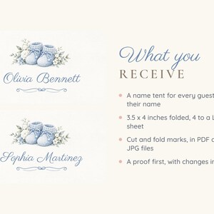 May include: Two white name tent cards featuring a blue knitted baby bootie illustration with floral accents. The text reads Olivia Bennett and Sophia Martinez. The right side lists product details including 3.5 x 4 inches folded size.
