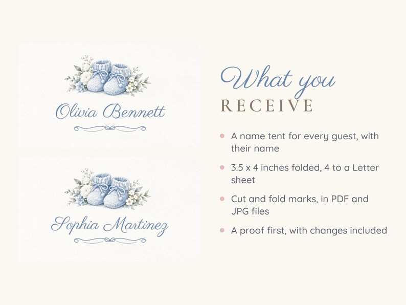 May include: Two white name tent cards featuring a blue knitted baby bootie illustration with floral accents. The text reads Olivia Bennett and Sophia Martinez. The right side lists product details including 3.5 x 4 inches folded size.
