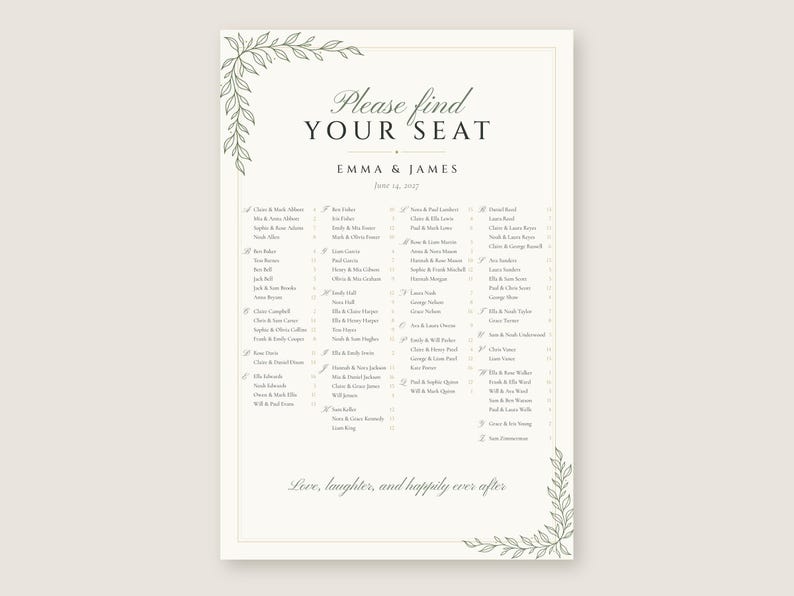 Custom Seating Chart Sign, Alphabetical Wedding Seating Chart, Botanical Line Art Find Your Seat Sign, Printable 24x36 Digital File image 2