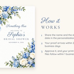 Custom Bridal Shower Welcome Sign, Something Blue Floral Sign, Blue Ribbon Bridal Shower Decor, Printable 24x36 Digital File image 4