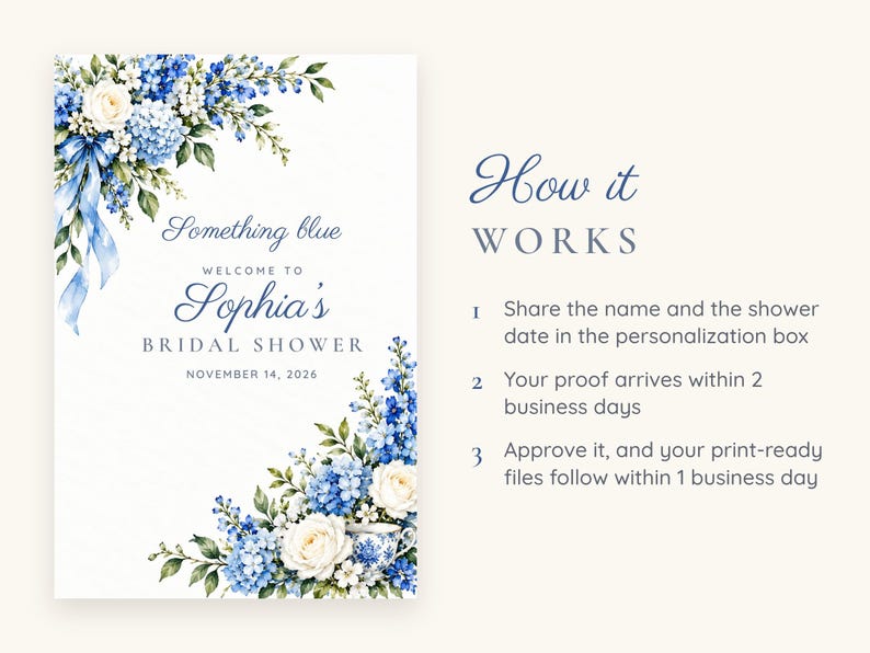 Custom Bridal Shower Welcome Sign, Something Blue Floral Sign, Blue Ribbon Bridal Shower Decor, Printable 24x36 Digital File image 4