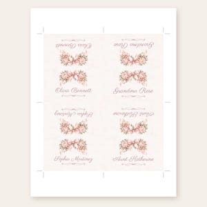 May include: A printable sheet featuring four pairs of rectangular labels with soft pink floral illustrations and bows. Each label displays names in elegant script: Olivia Bennett, Grandma Rose, Sophia Martinez, and Aunt Katherine.