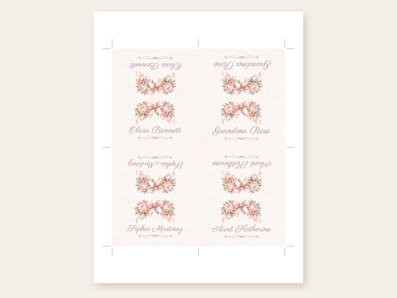 May include: A printable sheet featuring four pairs of rectangular labels with soft pink floral illustrations and bows. Each label displays names in elegant script: Olivia Bennett, Grandma Rose, Sophia Martinez, and Aunt Katherine.
