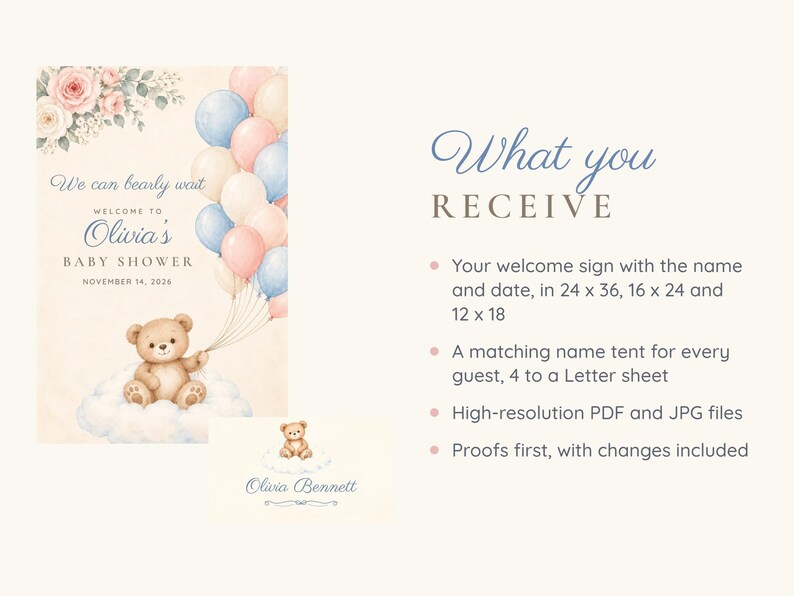 Baby Shower Welcome Sign and Name Tents Set, We Can Bearly Wait Teddy Bear, Bear on a Cloud Shower Decor, Custom Printable Digital Files image 5