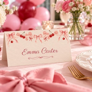Birthday Name Tents, Pink Bow and Cherry Place Cards, Vintage Cake Birthday Dinner Table Decor, Custom Printable Digital File image 1