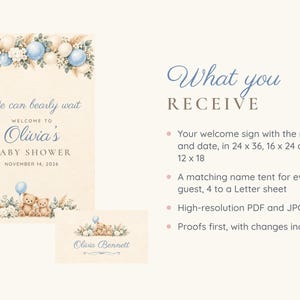 May include: A baby shower welcome sign and name tent set featuring watercolor teddy bears, blue and cream balloons, and floral accents. The text reads We can bearly wait, Welcome to Olivia's Baby Shower, November 14, 2026, and Olivia Bennett.