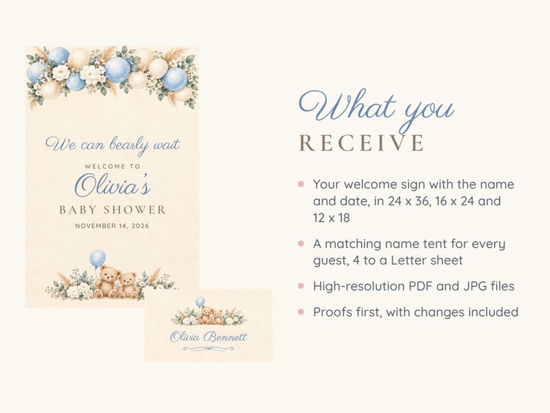 May include: A baby shower welcome sign and name tent set featuring watercolor teddy bears, blue and cream balloons, and floral accents. The text reads We can bearly wait, Welcome to Olivia's Baby Shower, November 14, 2026, and Olivia Bennett.