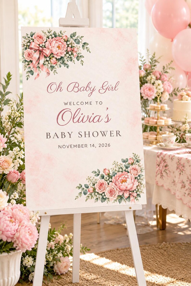 May include: A rectangular baby shower welcome sign on a white easel featuring pink floral arrangements in the top left and bottom right corners. The text reads: Oh Baby Girl, WELCOME TO, Olivia's, BABY SHOWER, NOVEMBER 14, 2026.