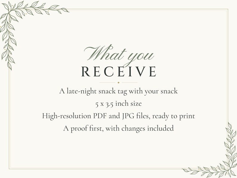Custom Late Night Snack Sign, Botanical Line Art Wedding Food Label, Minimalist Snack Tag, Printable 5x3.5 Digital File image 5