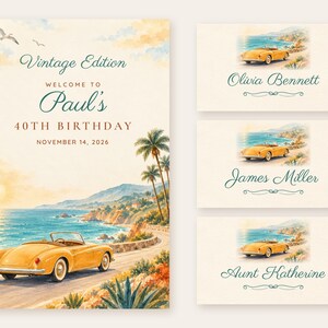 Birthday Welcome Sign and Name Tents Set, Vintage Edition, Vintage Convertible Birthday Decor, Custom Printable Digital Files