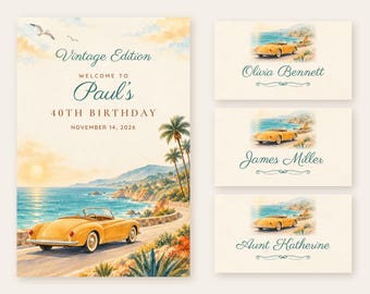 Birthday Welcome Sign and Name Tents Set, Vintage Edition, Vintage Convertible Birthday Decor, Custom Printable Digital Files