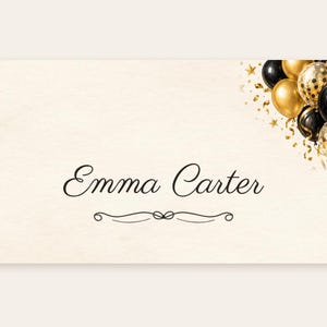Birthday Name Tents, Black and Gold Balloon Place Cards, Cheers Birthday Dinner Table Decor, Custom Printable Digital File image 2