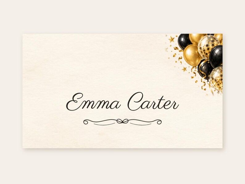 Birthday Name Tents, Black and Gold Balloon Place Cards, Cheers Birthday Dinner Table Decor, Custom Printable Digital File image 2