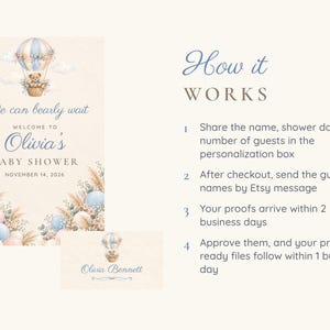 Puede incluir: Una plantilla de invitaci&oacute;n para baby shower con un osito de peluche en un globo aerost&aacute;tico, arreglos florales y el texto: We can bearly wait, WELCOME TO Olivia's BABY SHOWER, NOVEMBER 14, 2026, y How it WORKS con cuatro pasos.