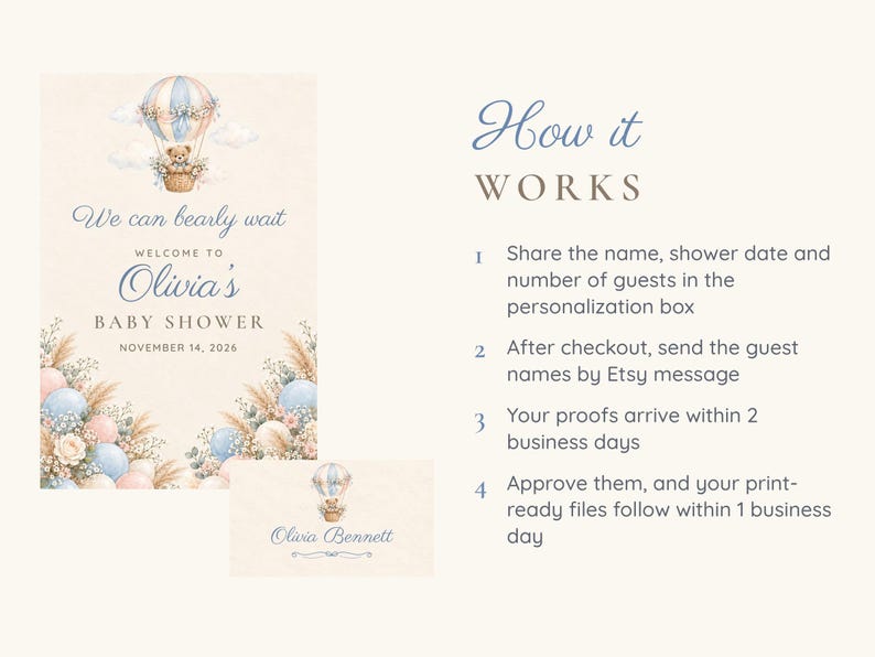 Puede incluir: Una plantilla de invitaci&oacute;n para baby shower con un osito de peluche en un globo aerost&aacute;tico, arreglos florales y el texto: We can bearly wait, WELCOME TO Olivia's BABY SHOWER, NOVEMBER 14, 2026, y How it WORKS con cuatro pasos.