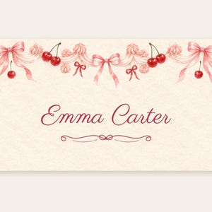 Birthday Name Tents, Pink Bow and Cherry Place Cards, Vintage Cake Birthday Dinner Table Decor, Custom Printable Digital File image 2
