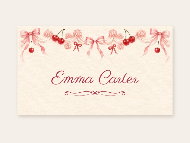 Birthday Name Tents, Pink Bow and Cherry Place Cards, Vintage Cake Birthday Dinner Table Decor, Custom Printable Digital File image 2