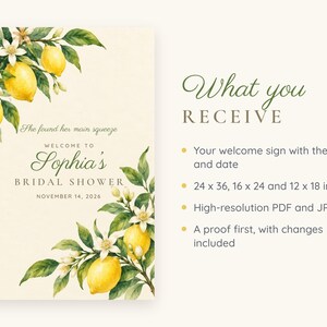 Custom Bridal Shower Welcome Sign, She Found Her Main Squeeze Lemon Sign, Lemon Branch Bridal Shower Decor, Printable 24x36 Digital File afbeelding 5