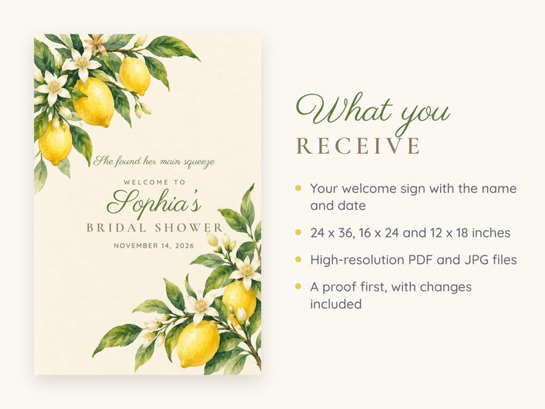 Custom Bridal Shower Welcome Sign, She Found Her Main Squeeze Lemon Sign, Lemon Branch Bridal Shower Decor, Printable 24x36 Digital File afbeelding 5