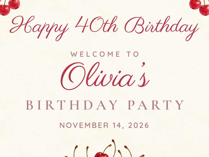 Custom Birthday Welcome Sign, Happy 40th Birthday Sign, Pink Vintage Cake Birthday Decor, Printable 24x36 Digital File image 3