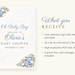 Custom Baby Shower Welcome Sign, Oh Baby Boy Blue Bow Sign, Floral Corner Baby Boy Shower Decor, Printable 24x36 Digital File image 5
