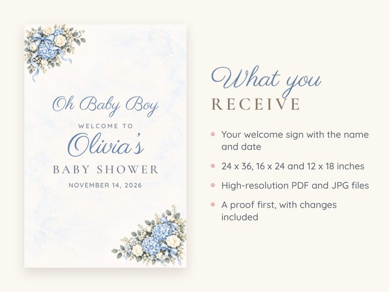 Custom Baby Shower Welcome Sign, Oh Baby Boy Blue Bow Sign, Floral Corner Baby Boy Shower Decor, Printable 24x36 Digital File image 5