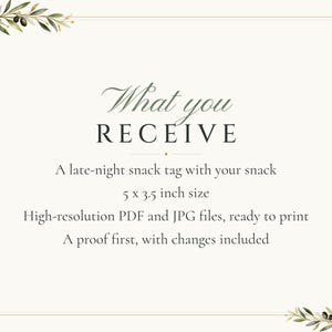 Custom Late Night Snack Sign, Olive Branch Wedding Food Label, Olive Leaf Snack Tag, Printable 5x3.5 Digital File image 5