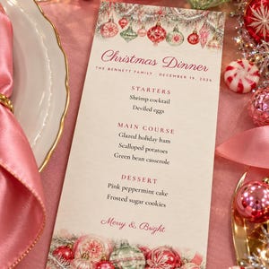 Custom Christmas Dinner Menu, Merry and Bright Menu Card, Retro Pink Glass Ornament Place Setting Menu, Printable 4x9 Digital File