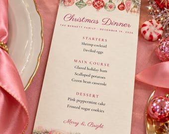 Custom Christmas Dinner Menu, Merry and Bright Menu Card, Retro Pink Glass Ornament Place Setting Menu, Printable 4x9 Digital File