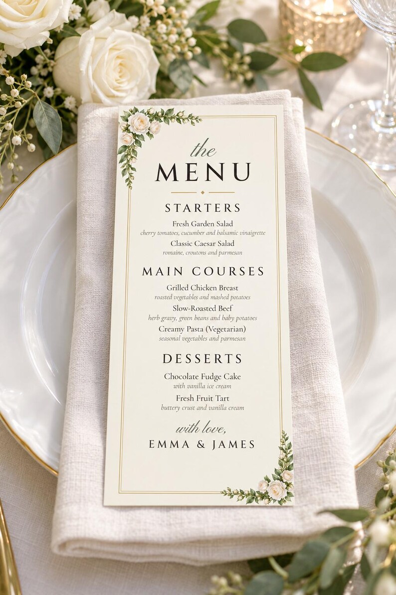 Custom Wedding Sign Bundle, White Rose Welcome Sign, Seating Chart, Name Tents, Menu and Bar Sign, Printable Digital Files image 5