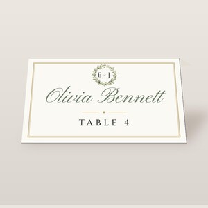 Custom Wedding Name Tents, Monogram Place Cards with Table Numbers, Wreath Escort Cards, Printable Digital File image 2