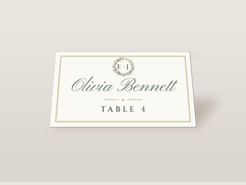 Custom Wedding Name Tents, Monogram Place Cards with Table Numbers, Wreath Escort Cards, Printable Digital File image 2