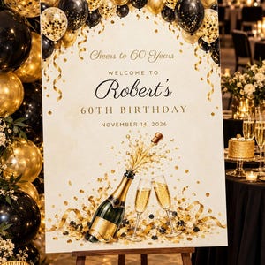 Birthday Welcome Sign and Name Tents Set, Cheers to 60 Years, Black and Gold Balloon Arch Birthday Decor, Custom Printable Digital Files image 2