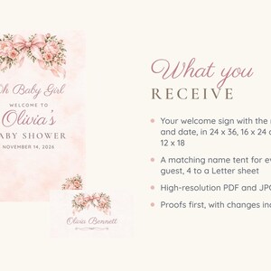 Willkommensschild und Namensschilder für die Babyparty, „Oh Baby Girl“ mit rosa Schleife und rosa Pfingstrosen-Deko, individuell druckbare digitale Dateien Bild 5