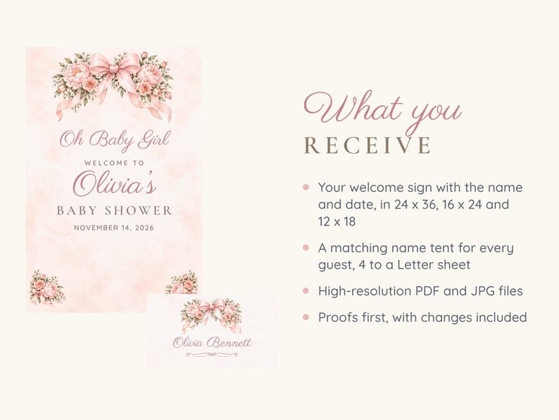 Willkommensschild und Namensschilder für die Babyparty, „Oh Baby Girl“ mit rosa Schleife und rosa Pfingstrosen-Deko, individuell druckbare digitale Dateien Bild 5