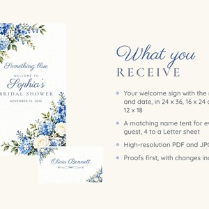 May include: A bridal shower welcome sign and name tent featuring blue and white floral illustrations. The sign displays the text Something blue, WELCOME TO Sophia's BRIDAL SHOWER, NOVEMBER 14, 2026. The name tent displays the name Olivia Bennett.