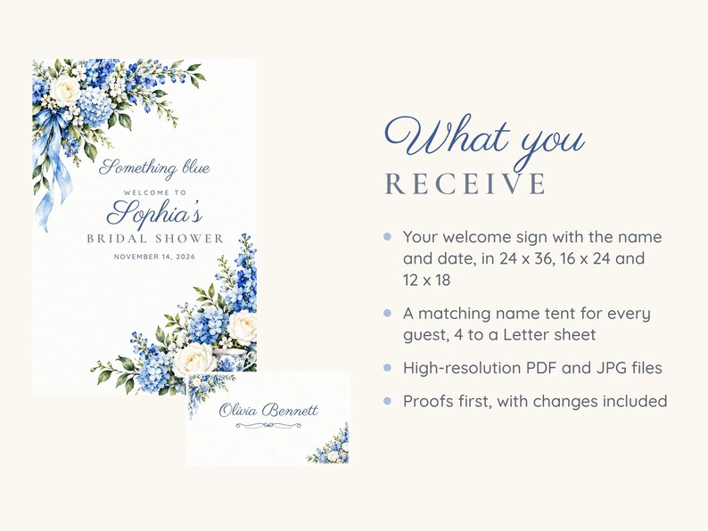May include: A bridal shower welcome sign and name tent featuring blue and white floral illustrations. The sign displays the text Something blue, WELCOME TO Sophia's BRIDAL SHOWER, NOVEMBER 14, 2026. The name tent displays the name Olivia Bennett.