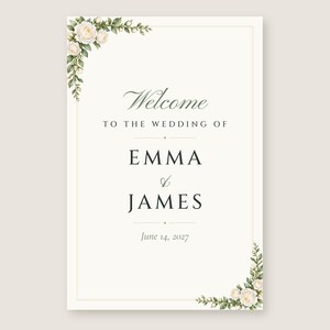 Custom Wedding Welcome Sign, White Rose Welcome Sign with Names and Date, Garden Rose Wedding Sign, Printable 24x36 Digital File image 2
