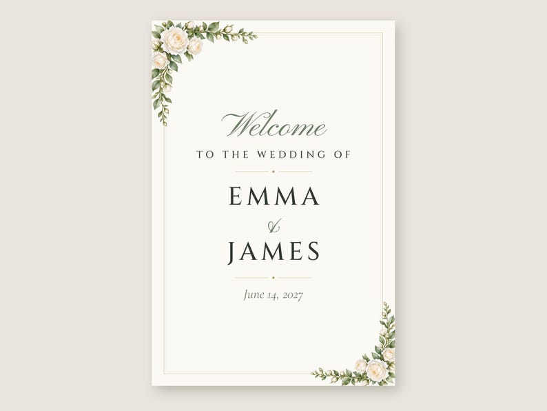 Custom Wedding Welcome Sign, White Rose Welcome Sign with Names and Date, Garden Rose Wedding Sign, Printable 24x36 Digital File image 2