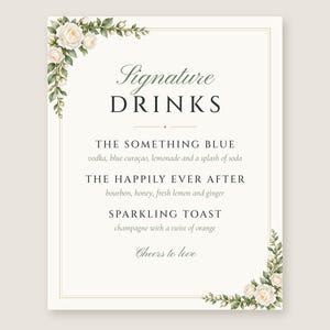 Custom Signature Drinks Sign, White Rose Wedding Bar Sign, Garden Rose Cocktail Menu, Printable 8x10 Digital File image 2