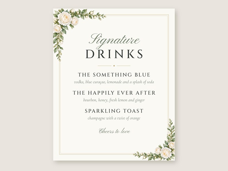 Custom Signature Drinks Sign, White Rose Wedding Bar Sign, Garden Rose Cocktail Menu, Printable 8x10 Digital File image 2