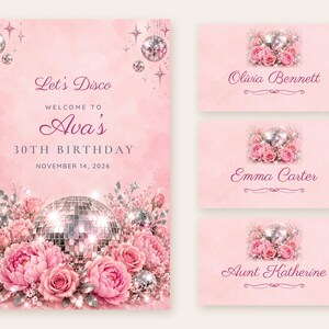 Geburtstags-Willkommensschild und Namensschilder-Set, „Let's Disco“-Deko mit Discokugel und Rosen, individuell druckbare digitale Dateien Bild 1