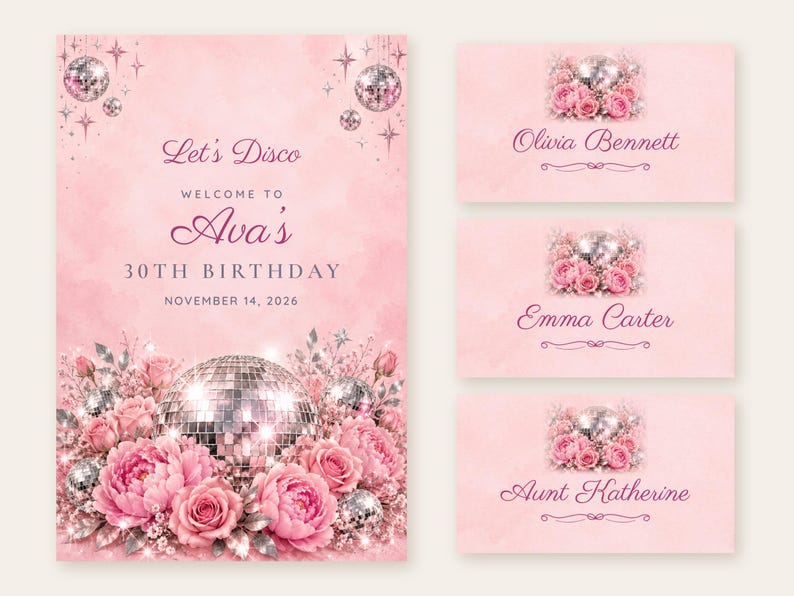 Geburtstags-Willkommensschild und Namensschilder-Set, „Let's Disco“-Deko mit Discokugel und Rosen, individuell druckbare digitale Dateien Bild 1