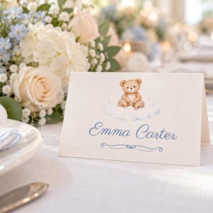 Baby Shower Name Tents, We Can Bearly Wait Teddy Bear Place Cards, Bear on a Cloud Luncheon Table Decor, Custom Printable Digital File image 1